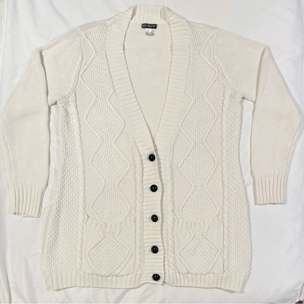 Venus Cream Cable Knit Cardigan Sweater Womens XL Button Up Long Warm Old Money